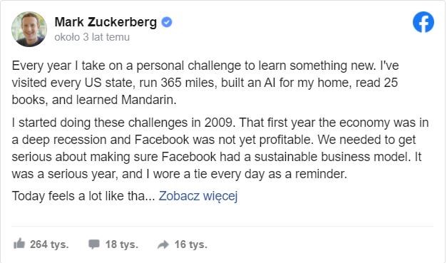Przeprosiny Marka Zuckerberga  - screen z Facebooka